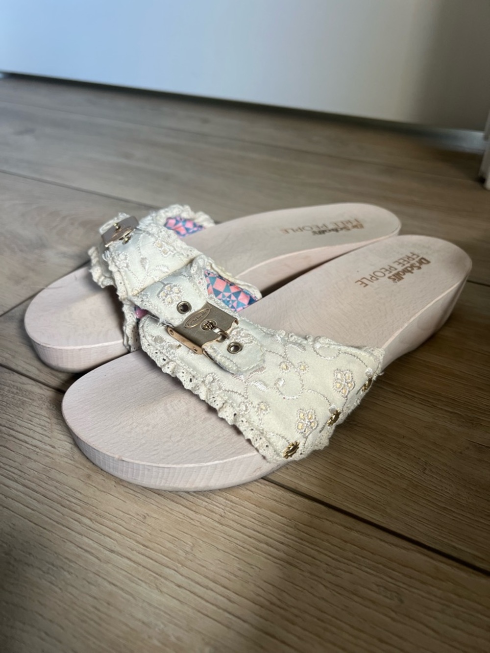 Free People Dr Scholls wooden sandals cream lace boho y2k resort wear